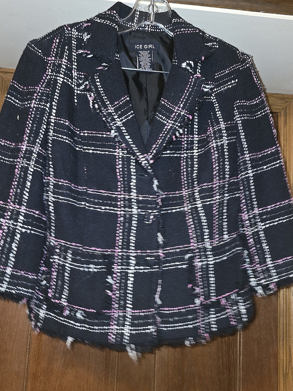 Ice Girl Women's Size 9 Black Pink White Plaid Tweed Blazer Distressed Jacket